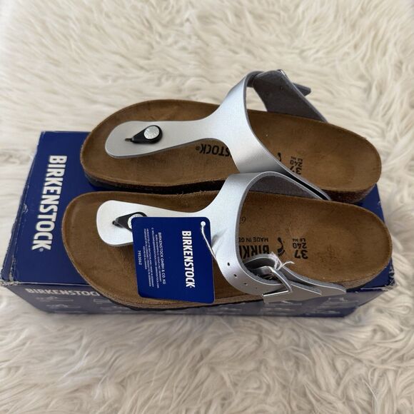 Birkenstock Gizeh Thong Sandals Leather Birko-Flor Silver Women’s EU37 NEW BOX - Picture 2 of 15
